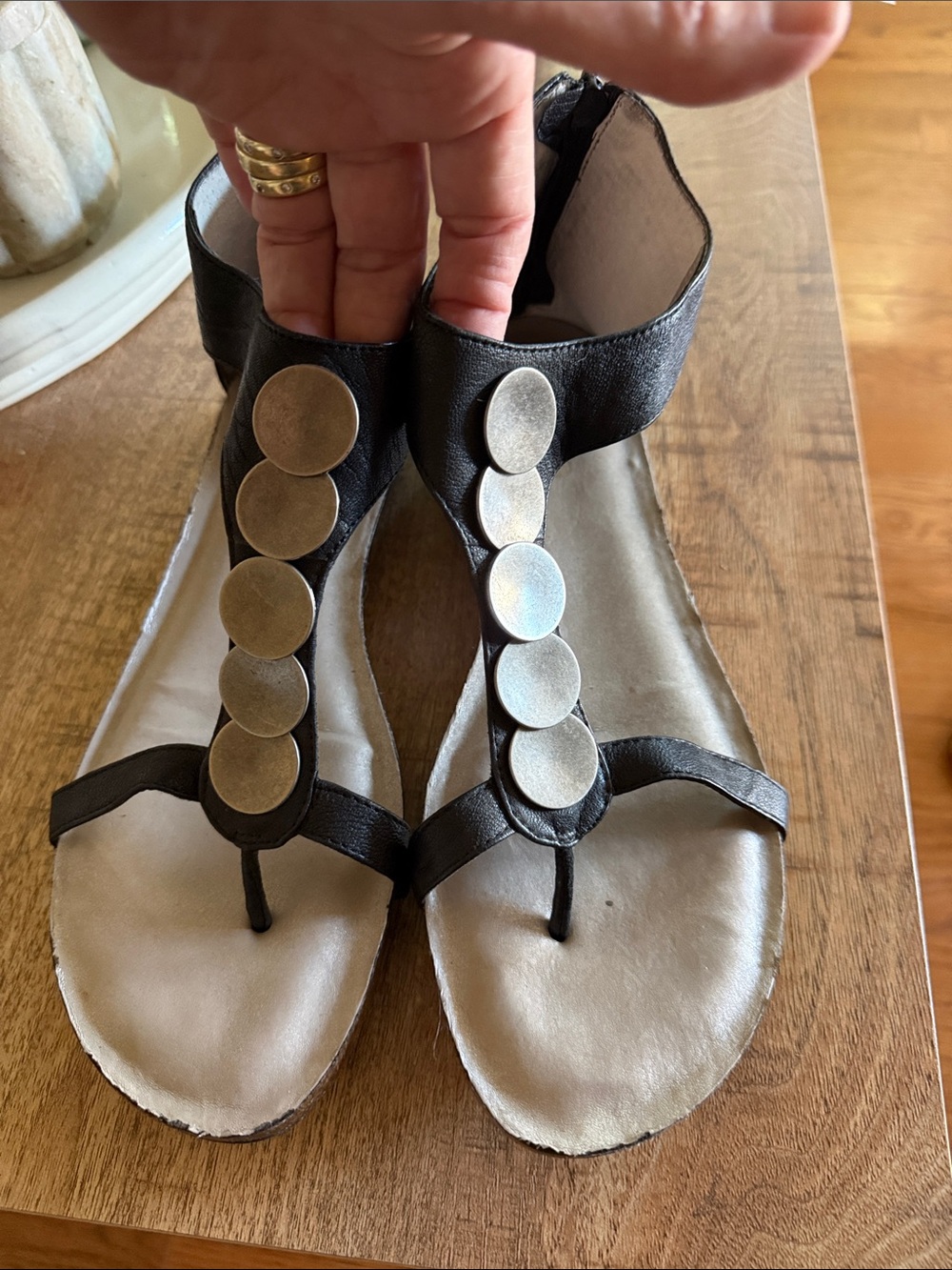 Women's Black T-Strap Sandals with Silver Disc Accents